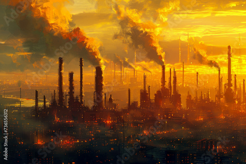 group of oil refineries in the middle of a city. The refineries are polluting the air  and there are people wearing masks in the background