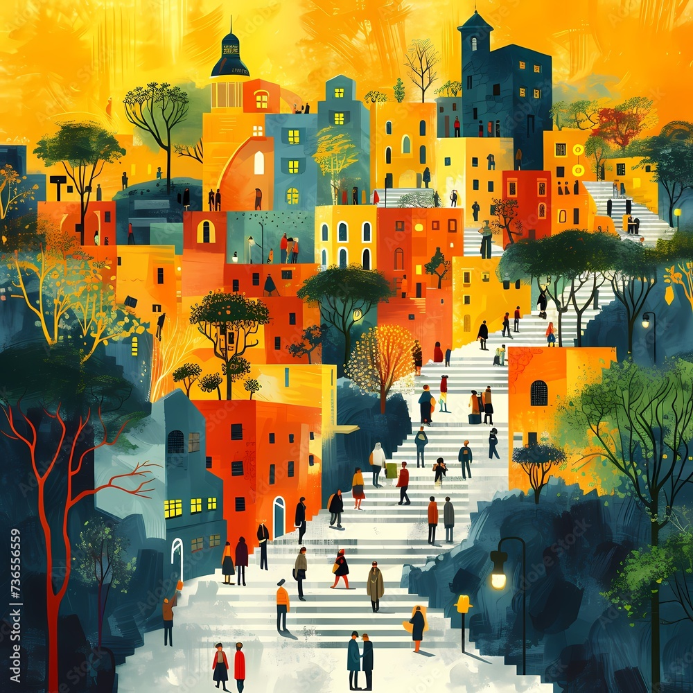Vibrant Sunset Hues over Storybook Town Illustration