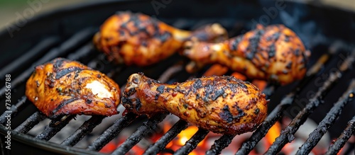 Grilling chicken leg and breast on charcoal.