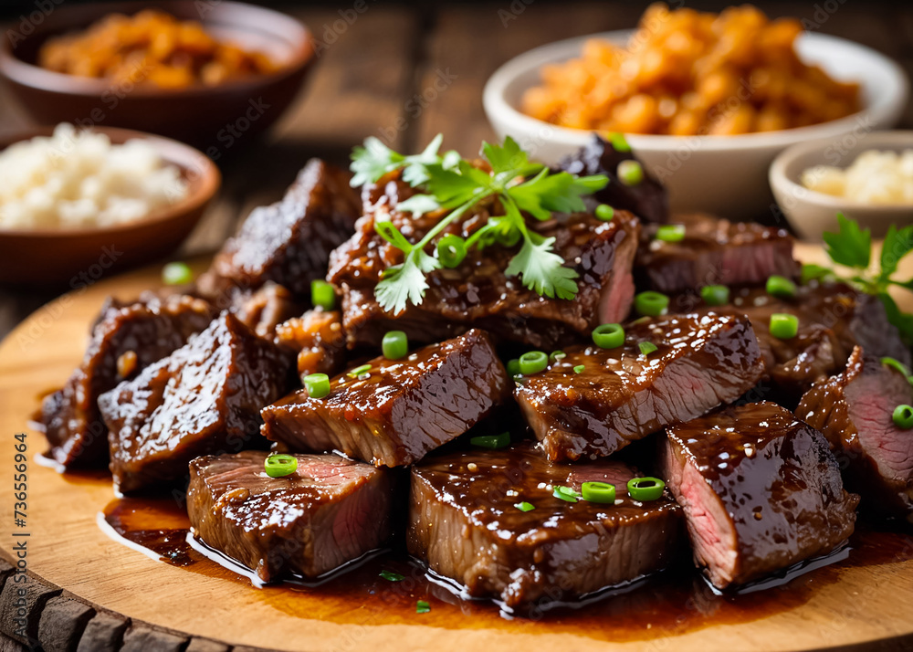 Delicious pieces of meat cut and cooked. Generative AI Delicious pieces of meat cut and cooked. Generative AI