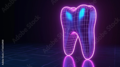 3d render techno neon purple blue glowing outline wireframe symbol of 3d print stomatology tooth isolated on black background with glossy reflection on floor 