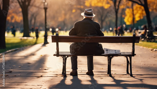 back view of an old man in a hat sitting on a bench in central park, sunset 