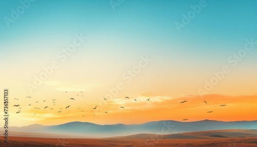 birds flying over a colorful landscape at sunset 