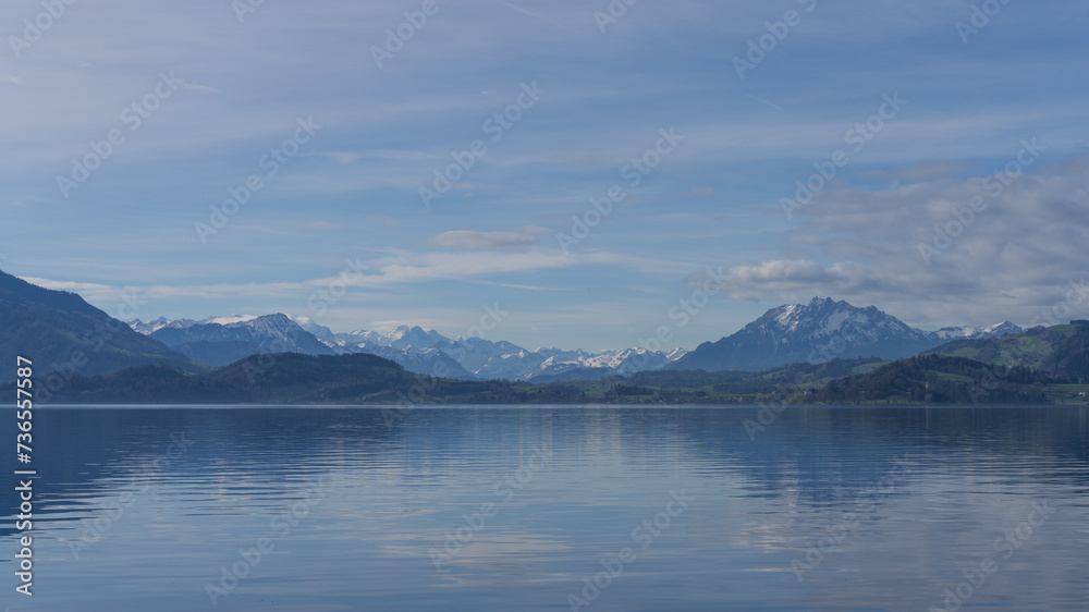 Lake Zug in Switzerland with the view to mount Pilatus and swiss Alps