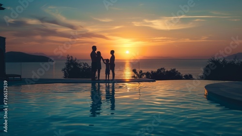 A happy family on summer holidays stands by the swimming pool and enjoys the beautiful sunset behind the mediterranean sea --ar 16:9 --v 6 Job ID: 35687ce8-8f53-453e-b262-bf3530b945f2