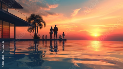 A happy family on summer holidays stands by the swimming pool and enjoys the beautiful sunset behind the mediterranean sea --ar 16 9 --v 6 Job ID  96886c18-bdfb-4d71-a658-ef0a43d73be3