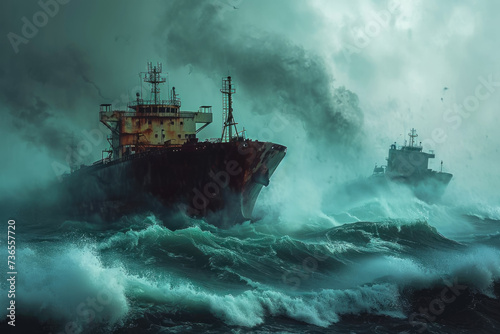 group of oil tankers in a stormy sea. The tankers are struggling to stay afloat, and there are waves crashing in the background