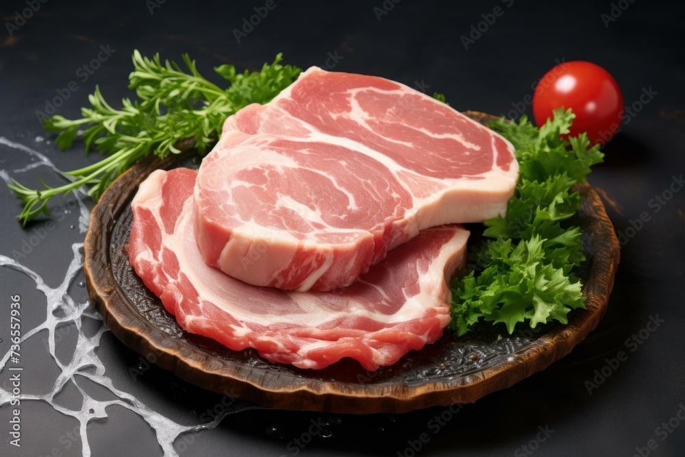 Pink Plate raw pork. Cutlet red. Generate Ai Pink Plate raw pork. Cutlet red. Generate Ai