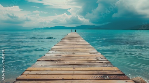 A wooden pier that stretches out to the sea,seascape view with Mountain and cloudy sky for travel in holiday relax time as summer © Jalal