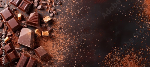 Decadent chocolate and bonbons splash on dark gradient background with text space