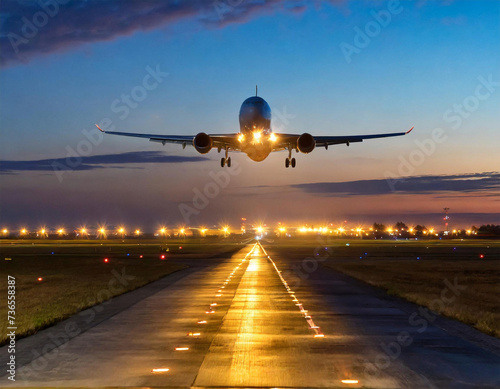 Airplane landing on a runway at night.