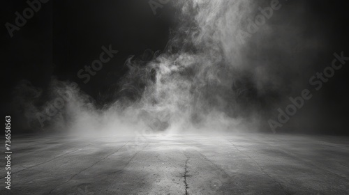 Abstract image of dark room concrete floor. Black room or stage background for product placement.Panoramic view of the abstract fog. White cloudiness, mist or smog moves on black background. 