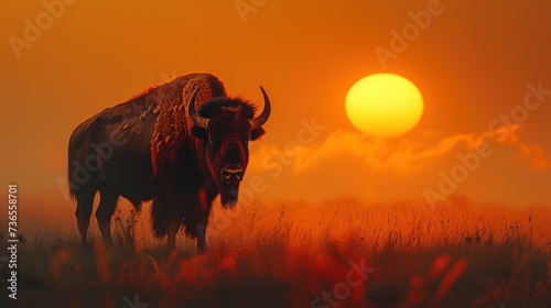 Bison standing on hill at sunset. © Bargais