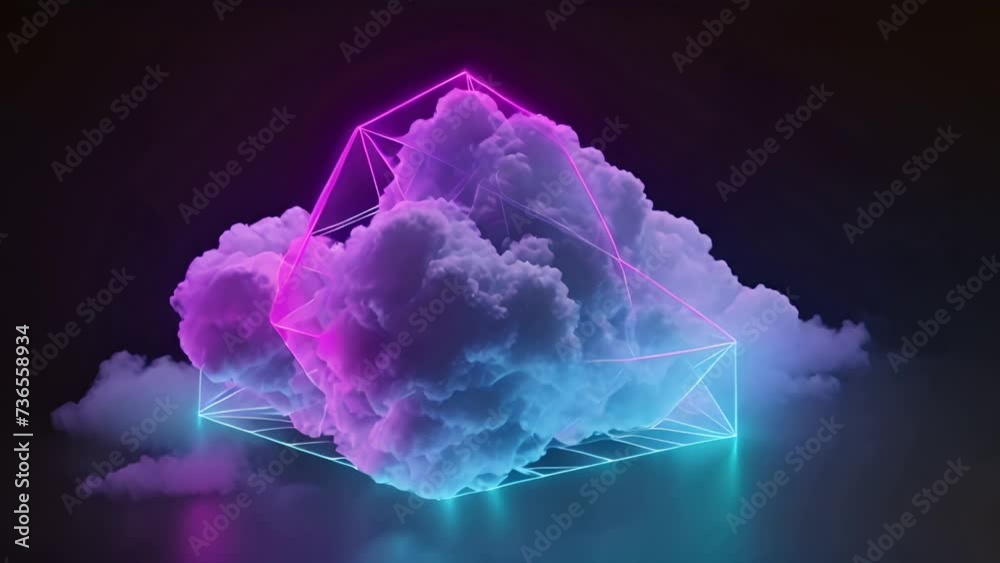 Captivating visual experience showcasing clouds swirling around a brightly illuminated geometric shape against a dark background, creating an otherworldly atmosphere.