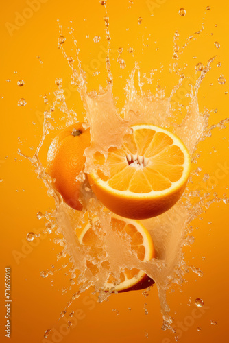 Fresh Orange Halves in Splash on Orange Background