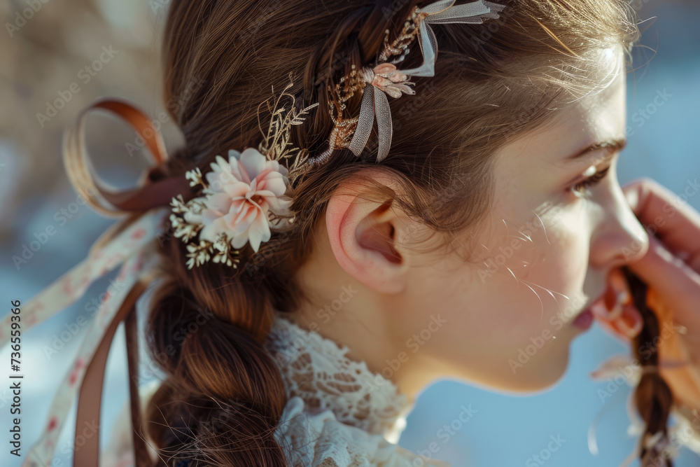 Naklejka premium model braiding their hair with a braid and a pin in the background and a ribbon and a flower on their hair