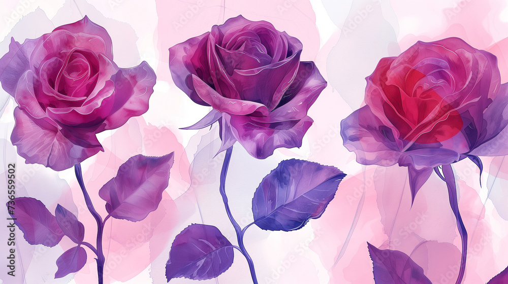 Luxurious abstract set with magenta transparent flowers roses in a watercolor style. Hand drawn botanical floral set Luxurious abstract set with magenta transparent flowers roses in a watercolor style. Hand drawn botanical floral set