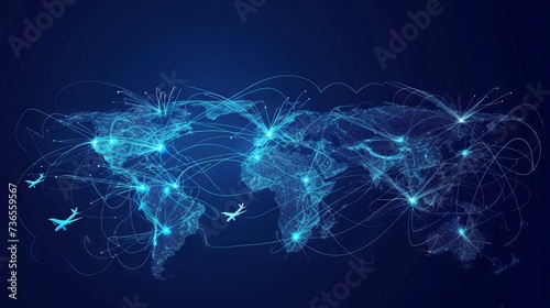 Airplanes travel abstract background - flying airplanes routes in the shape of the world map - Aviation and air travel concept - line art vector blue