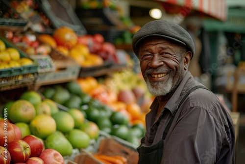 Happy african fruit owner in shop at market. 