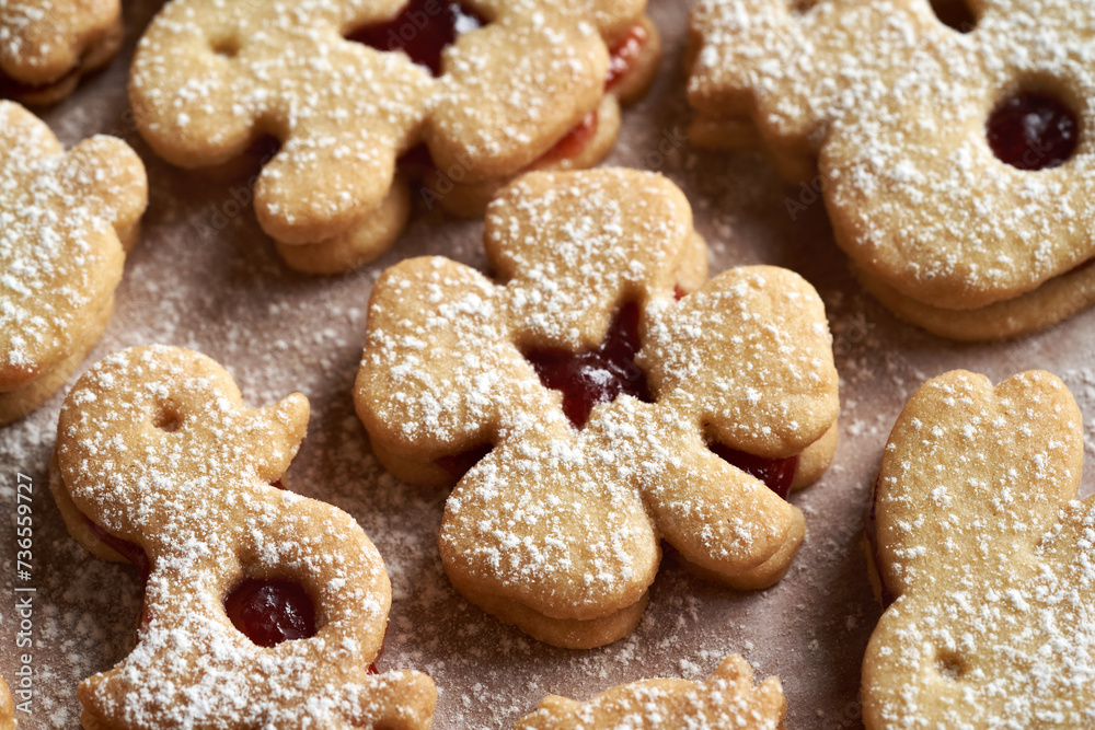 Linzer cookies in the shape of four leaf clover and Easter animals Linzer cookies in the shape of four leaf clover and Easter animals