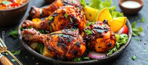 Indian-style grilled chicken served with salads and charcoal chicken in India. photo
