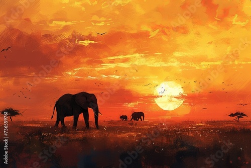 Painting of african safari at sunset. © Bargais