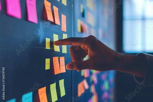 Agile software development or project management using kanban or scrum methodology boards. Process, workflow, visual organisation tools. Finger touching virtual interface. photo