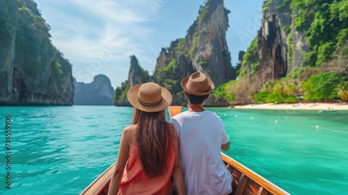 Young couple travels by boat in Phuket, looking at the beautiful nature of Thailand with beaches and islands © Anzhela