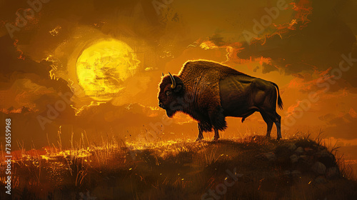 Bison standing on hill at sunset.