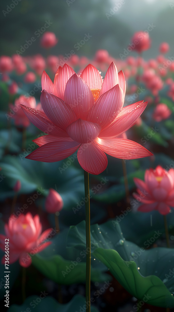 Obraz premium Red lotus flower is illuminated, with water droplets on its petals, against a backdrop of blurred green leaves and other lotuses, creating a serene atmosphere