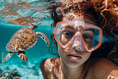 model enjoying a vacation with a coral and a turtle in the background and a mask and a fin on their face © mila103