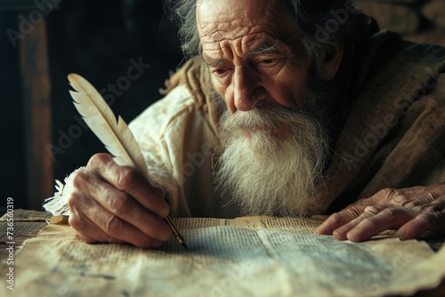 Apostle Paul writing in parchment scroll inspired by the Holy Spirit.	 photo