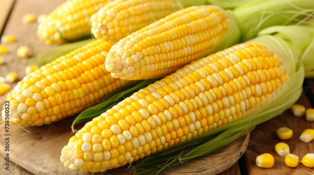 Ripe golden corn cobs close up in agriculture field with copy space for text, farming background Ripe golden corn cobs close up in agriculture field with copy space for text, farming background