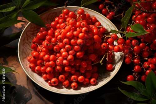 Plate ripe rowan berries. Many raw bright group seasonal. Generate Ai