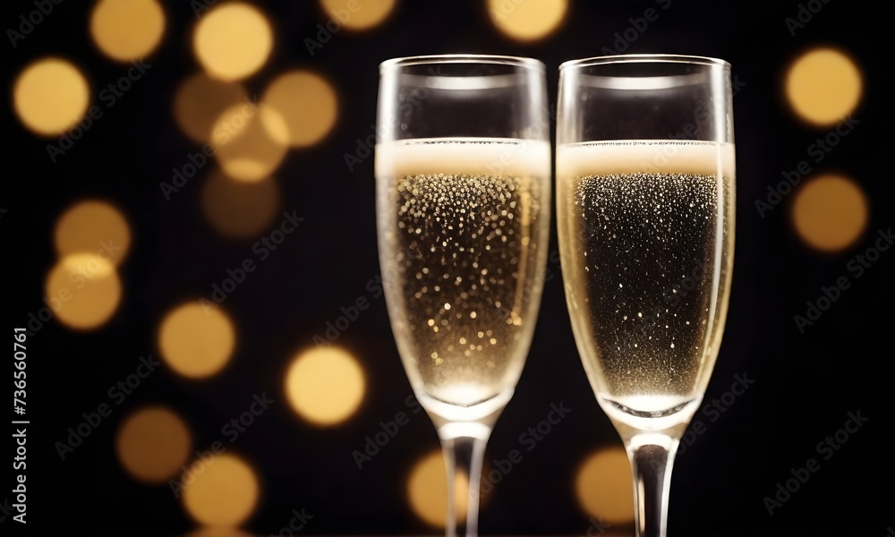 Two champagne glasses filled with sparkling wine against a dark background with out-of-focus yellow lights Two champagne glasses filled with sparkling wine against a dark background with out-of-focus yellow lights