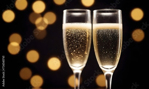 Two champagne glasses filled with sparkling wine against a dark background with out-of-focus yellow lights