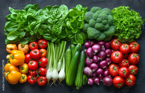 Colorful fresh vegetables display on dark surface  top view