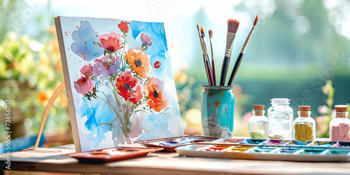 painted watercolor flower on canvas, brushes and paints on the artist's table