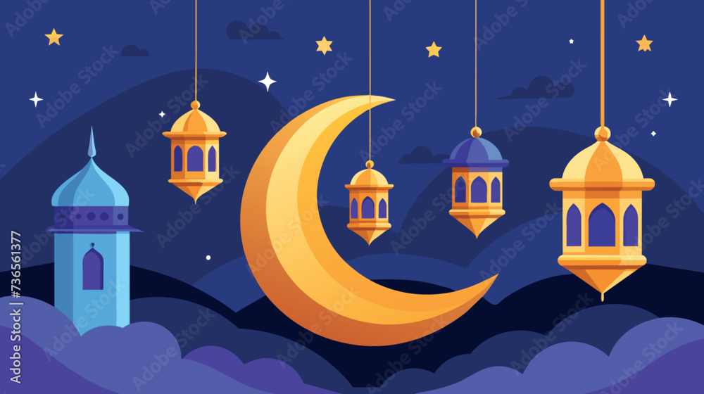 Colorful Ramadan Kareem illustration with moon and lanterns