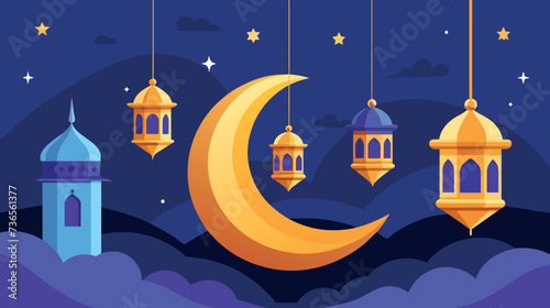 Colorful Ramadan Kareem illustration with moon and lanterns