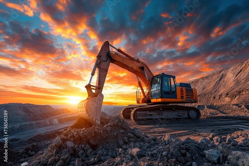 Excavator in open pit mining on sunset.