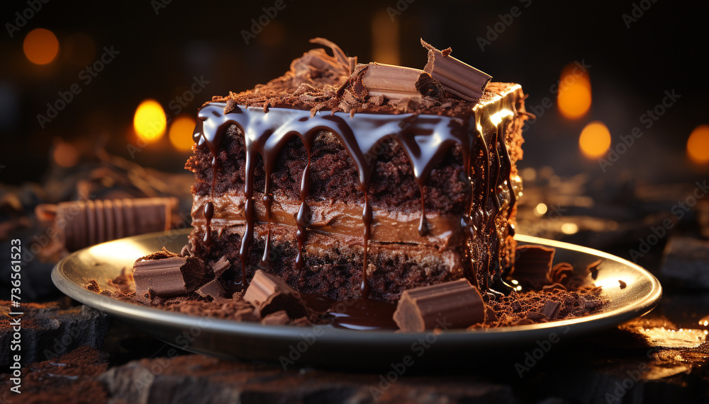 Obraz premium A decadent slice of homemade chocolate fudge on a plate generated by AI
