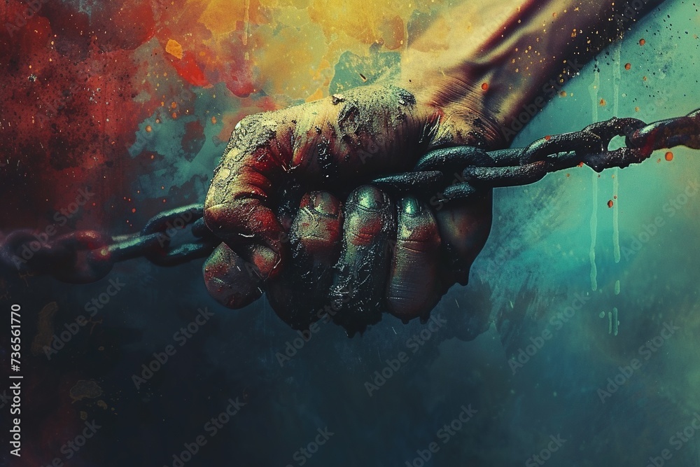 Person breaking free from chains. - obrazy, fototapety, plakaty 