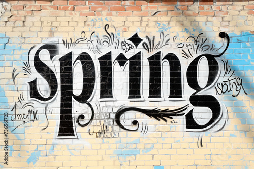 Brick wall intricately painted with the word spring in bold letters, adding a vibrant touch to the urban setting