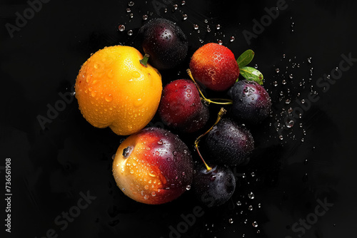 fresh colorful fruits with water droplets on black background, apple peach and plumb, ripe natural healthy food