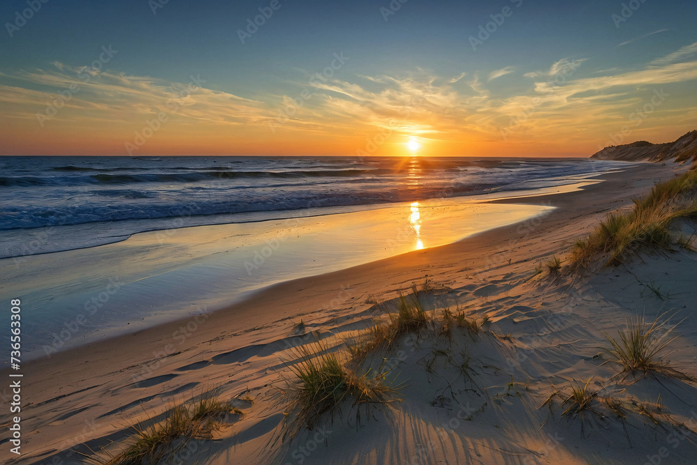 Sunset on the Baltic Sea. Sand dunes and waves. Generative AI