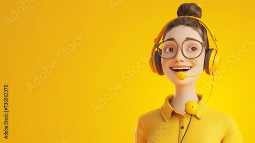 Call center staff talking and provide services to customers via headphones and microphone cable. Call center, customer support, telemarketing agents. Trendy 3d illustration.