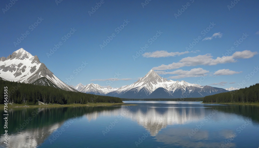 Majestic Mountain Landscape with Glowing Peaks and Mirror-like Lake Reflection