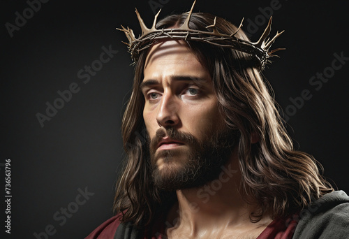 A dark, monochrome portrait of Jesus Christ