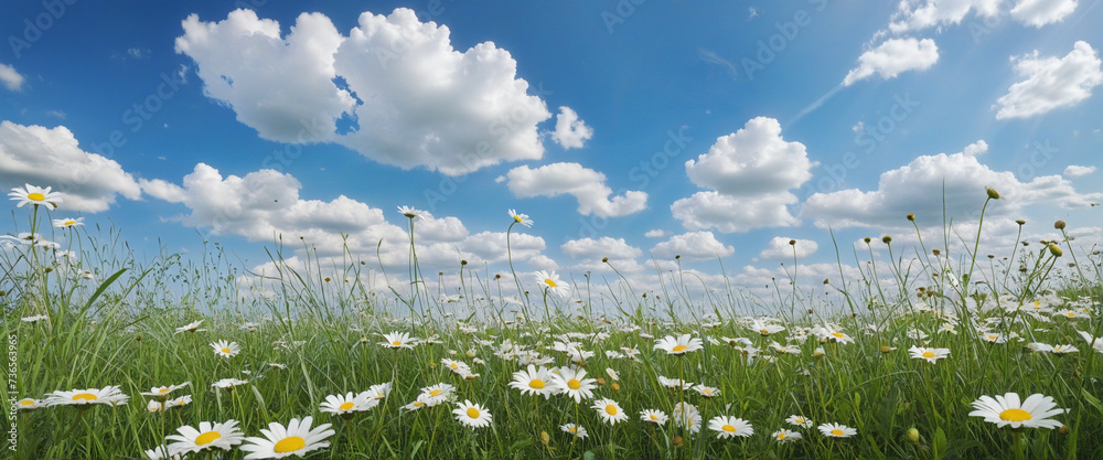 Scenic meadow with daisies under a blue sky filled with fluffy white clouds